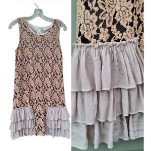Paisley Vine Lace Ruffles Sleeveless Tank Mini Dress Tan Black Nude Coquette S